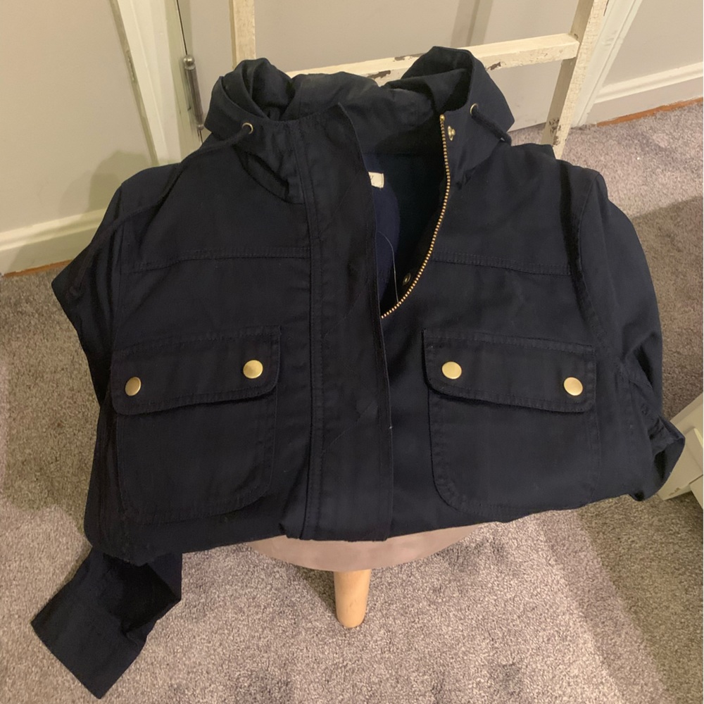 J. Crew Navy Hooded Jacket w/ Gold Buttons